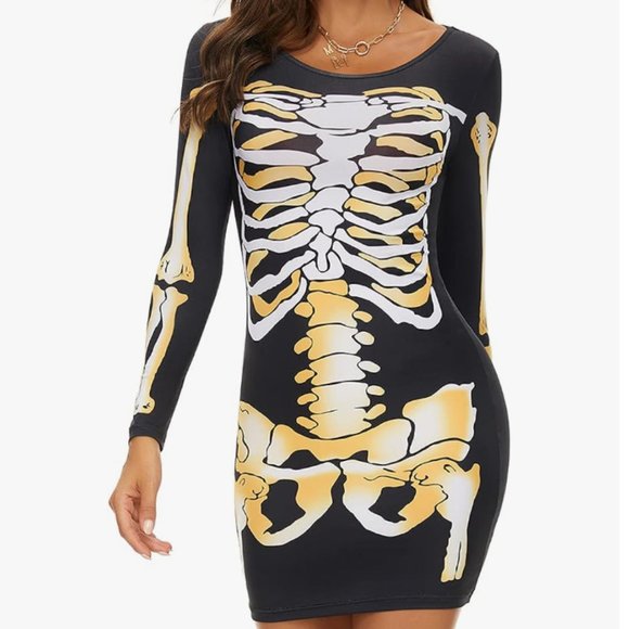 Yellow Skeleton Stretch Mini Dress Bodycon Black Halloween Costume Party New - Picture 1 of 5